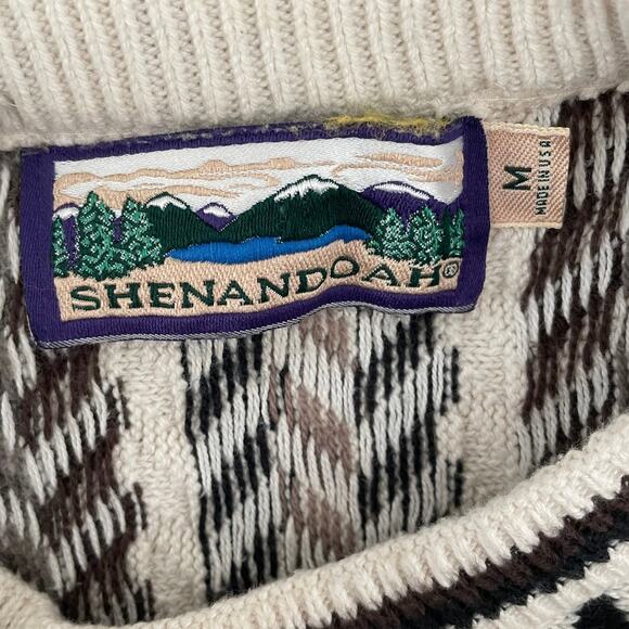 Shenandoah Sweater Mens Medium Cream Brown Black Geometric Knit Made in USA - Picture 2 of 8